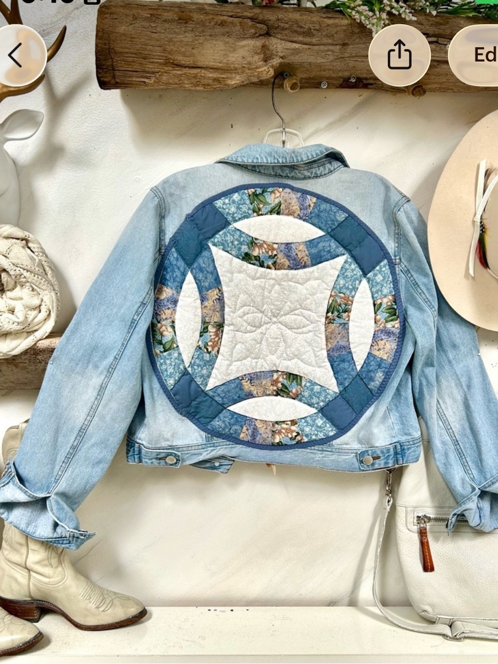 Quilted Back Handcrafted panel Light Wash Denim Jacket w cottagecore rustic vibe